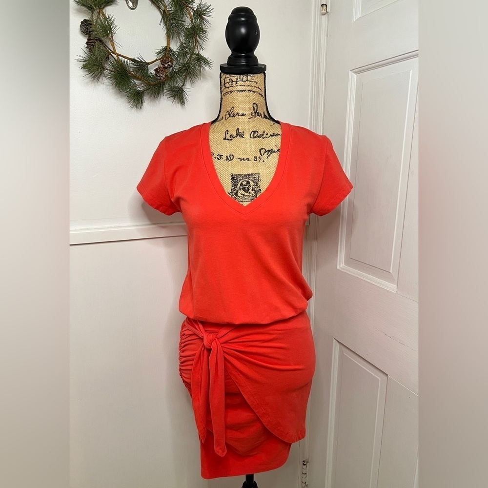 Anthropologie Sundry Tie Waist Cotton Stretch Mini Dress in Deep Coral